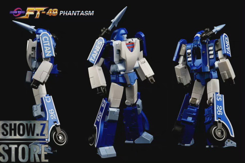 Blue and white motorcycle robot in standing transformation pose Blue and white motorcycle robot in standing transformation pose