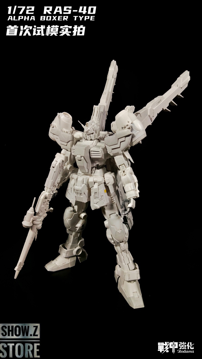 White Alpha Boxer mecha model kit overhead side angle view White Alpha Boxer mecha model kit overhead side angle view