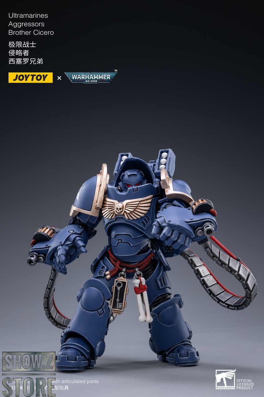 Blue armored marines large weapons shoulder-mounted details display Blue armored marines large weapons shoulder-mounted details display