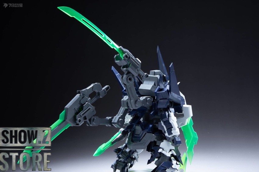 Green blade-equipped robot figure displaying weapon configurations Green blade-equipped robot figure displaying weapon configurations