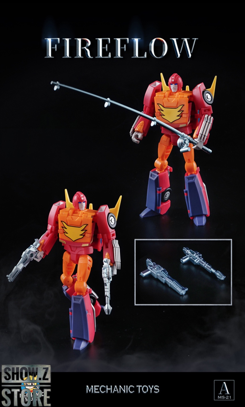 Mechanic Toys Fireflow Rodimus robot holding weapons pose display Mechanic Toys Fireflow Rodimus robot holding weapons pose display