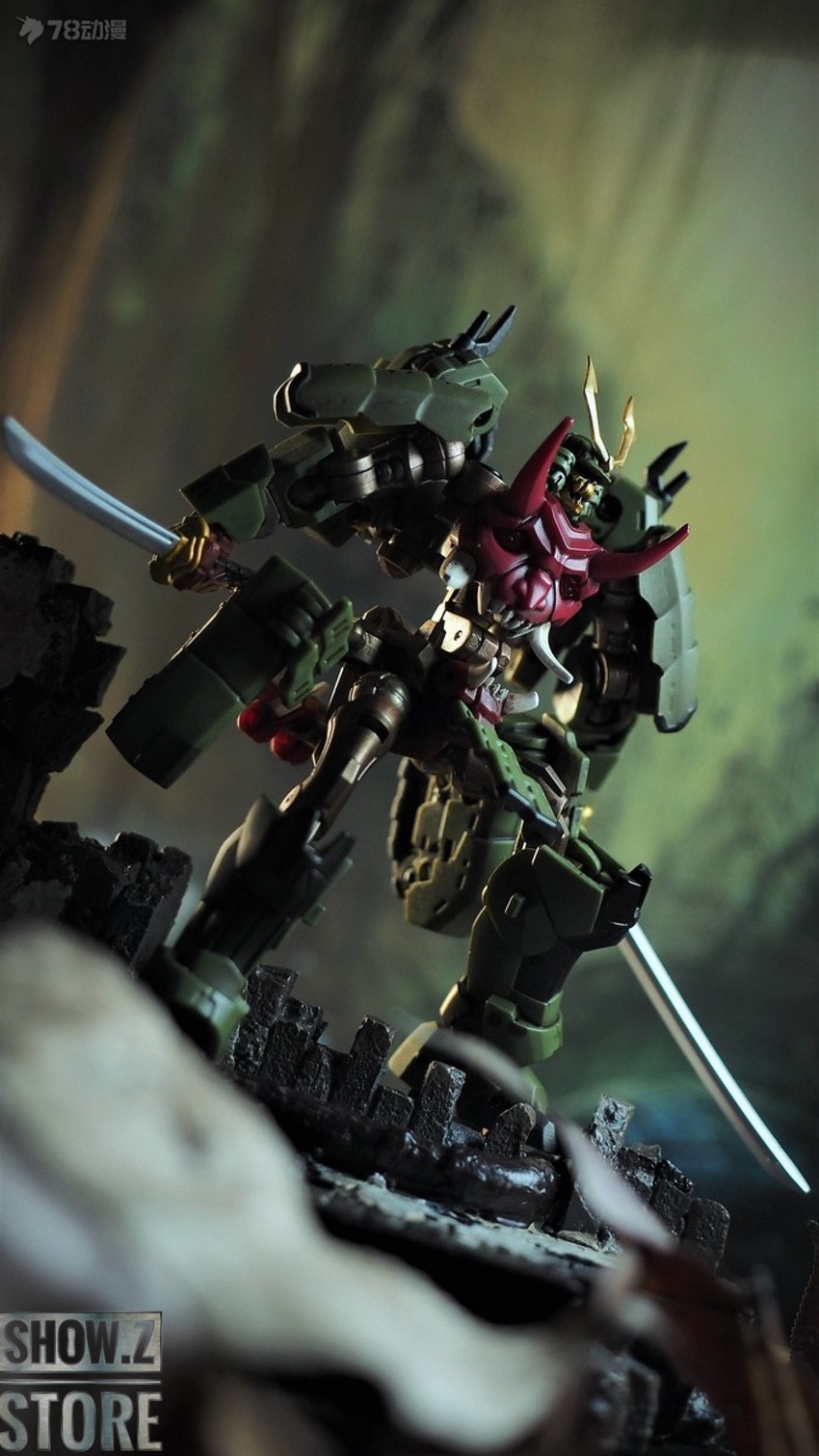 Horned warrior robot figure with red and green coloring in dynamic battle stance Horned warrior robot figure with red and green coloring in dynamic battle stance