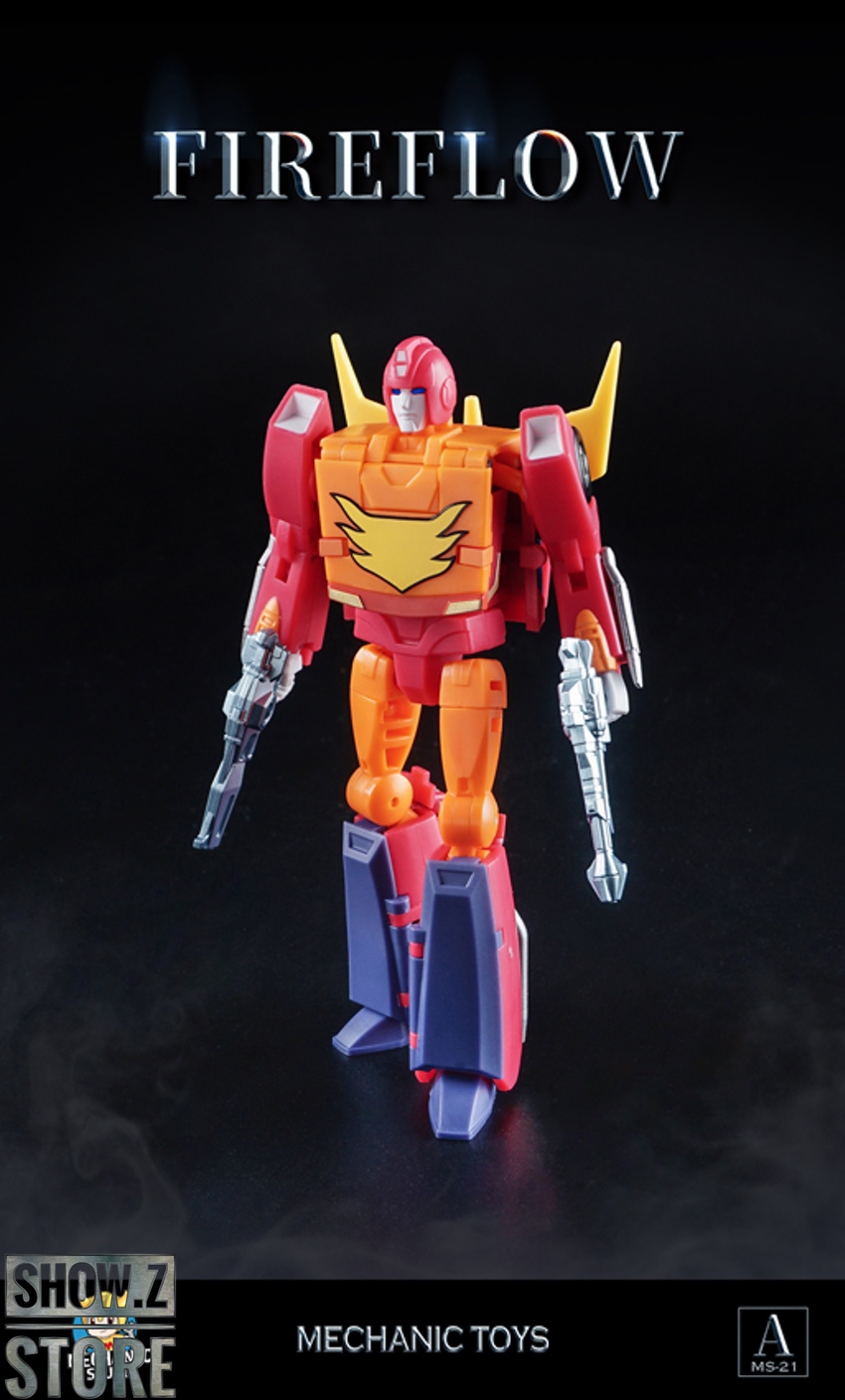 Mechanic Toys Fireflow Rodimus orange robot front facing display Mechanic Toys Fireflow Rodimus orange robot front facing display