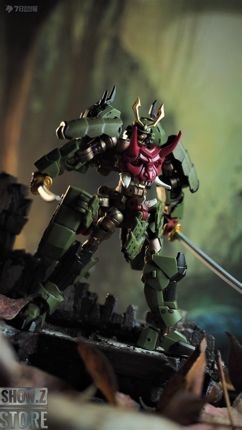 Demon samurai robot showing detailed articulation with multiple weapon attachments Demon samurai robot showing detailed articulation with multiple weapon attachments