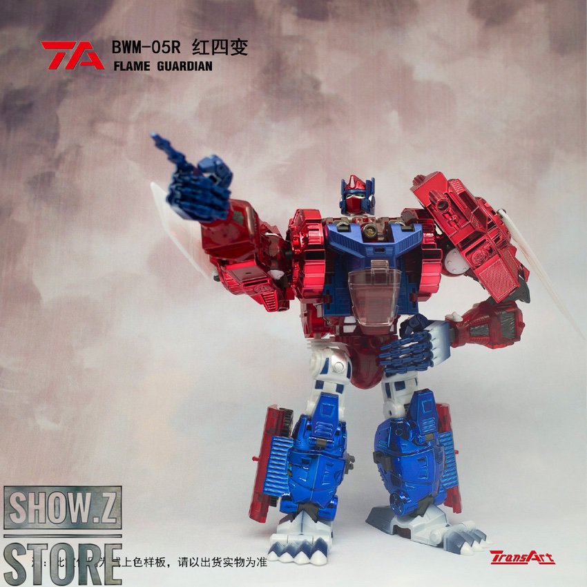 TransArt Flame Guardian red blue robot standing pose detail TransArt Flame Guardian red blue robot standing pose detail