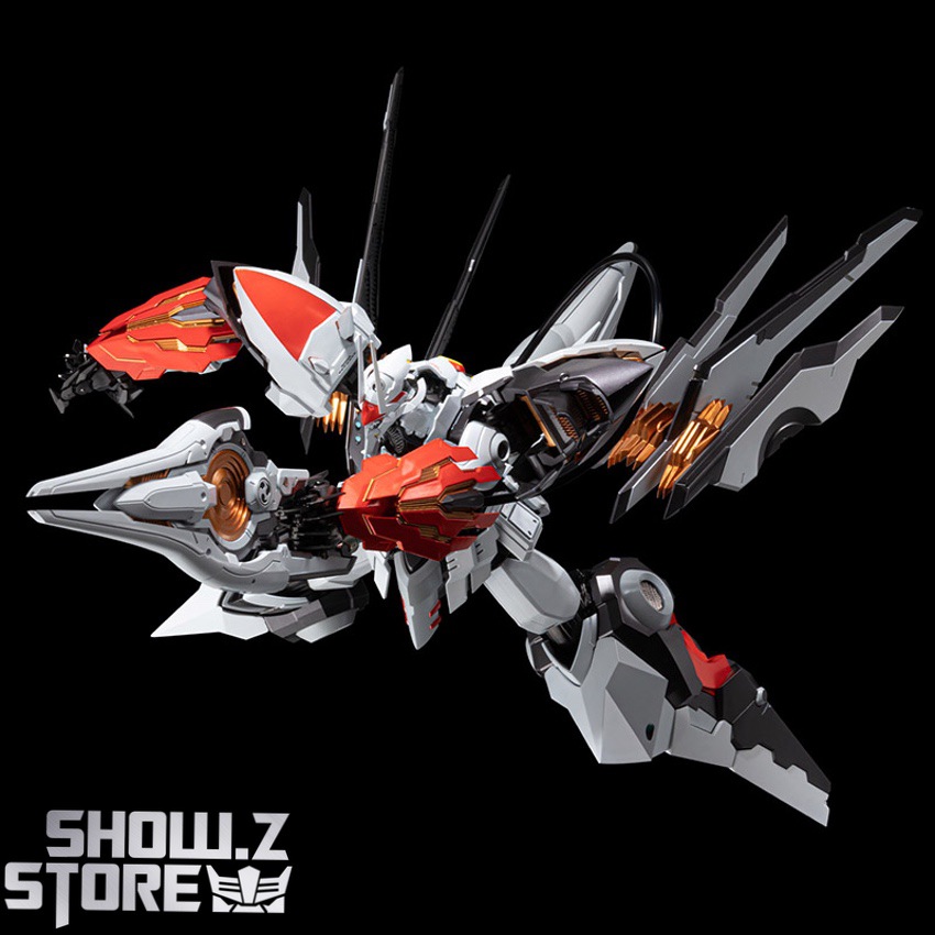 Riobot Linebarrel red white robot mid-air action weapons deployed Riobot Linebarrel red white robot mid-air action weapons deployed