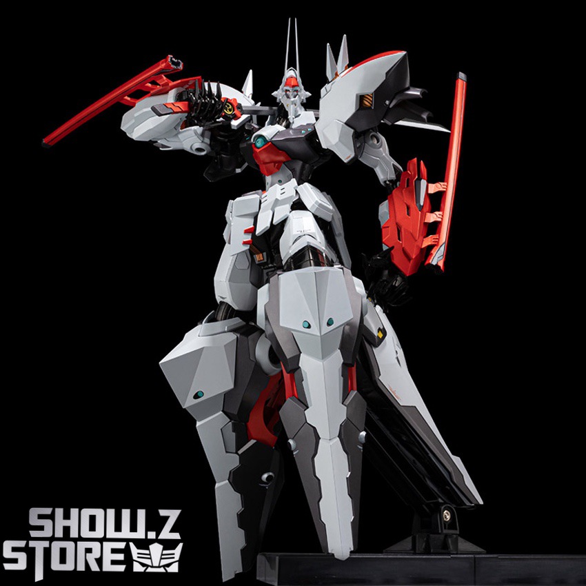 Riobot Linebarrel red white robot flying aerial pose weapons Riobot Linebarrel red white robot flying aerial pose weapons
