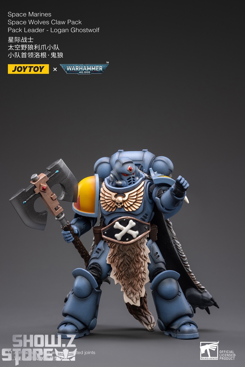 Logan holding large two-handed axe weapon overhead display Logan holding large two-handed axe weapon overhead display