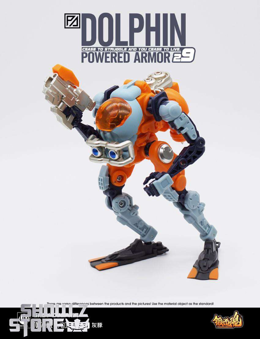 Dolphin powered armor action pose orange blue combat ready Dolphin powered armor action pose orange blue combat ready
