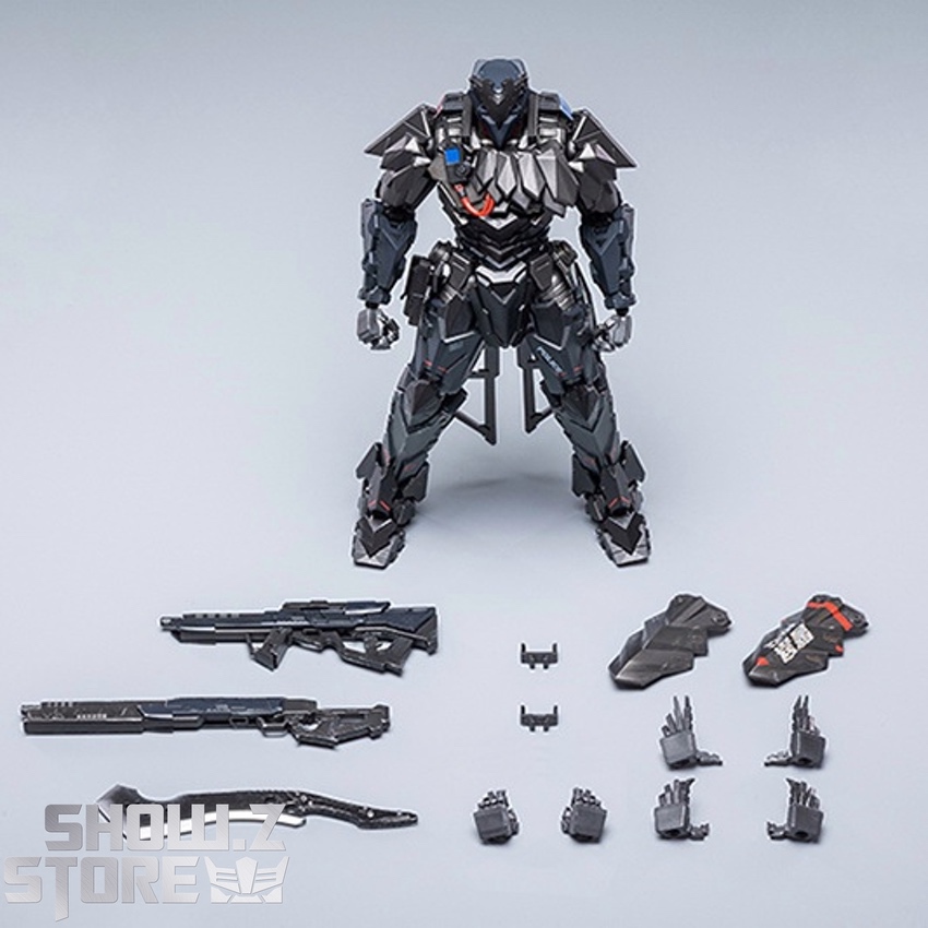 Heavy Armor Tiwaz neon lit cyberpunk action scene display Heavy Armor Tiwaz neon lit cyberpunk action scene display