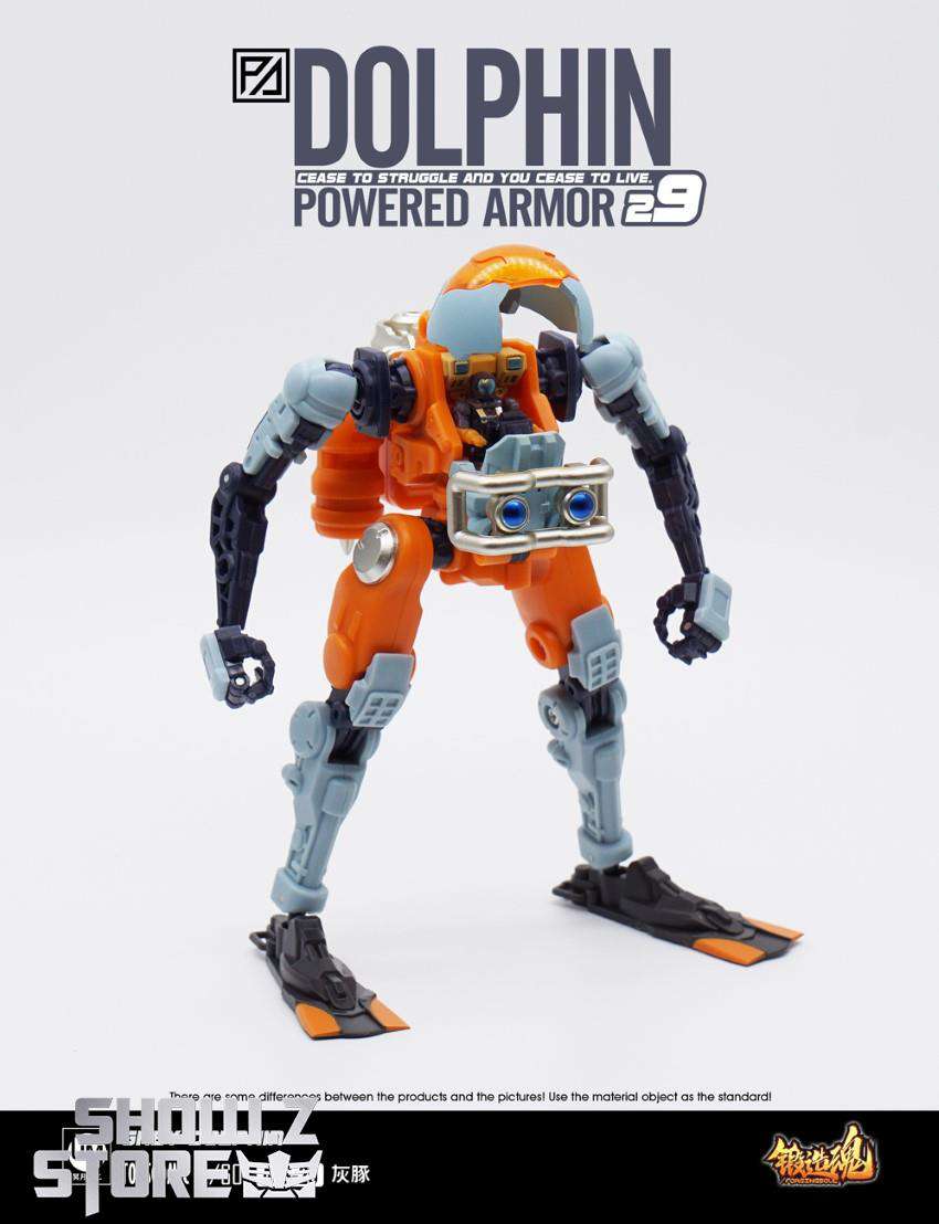 Forging Soul Powered Armor Grey Dolphin orange blue robot standing Forging Soul Powered Armor Grey Dolphin orange blue robot standing