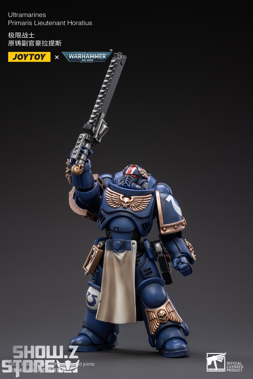 Primaris Lieutenant Horatius holding chainsword overhead weapon display Primaris Lieutenant Horatius holding chainsword overhead weapon display