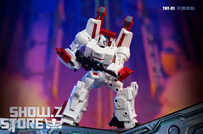 TNT-01 Jetfire white mecha red arms raised stance display TNT-01 Jetfire white mecha red arms raised stance display