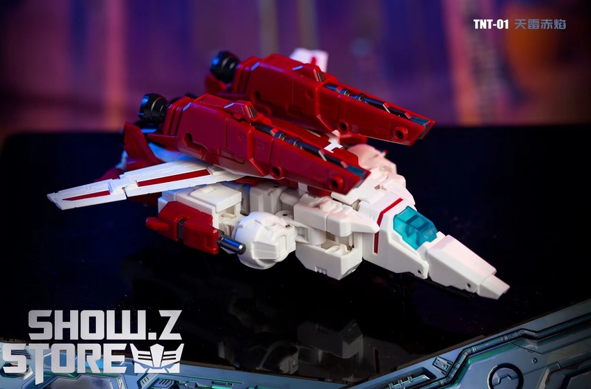 TNT-01 Jetfire red aircraft white undercarriage variant display TNT-01 Jetfire red aircraft white undercarriage variant display