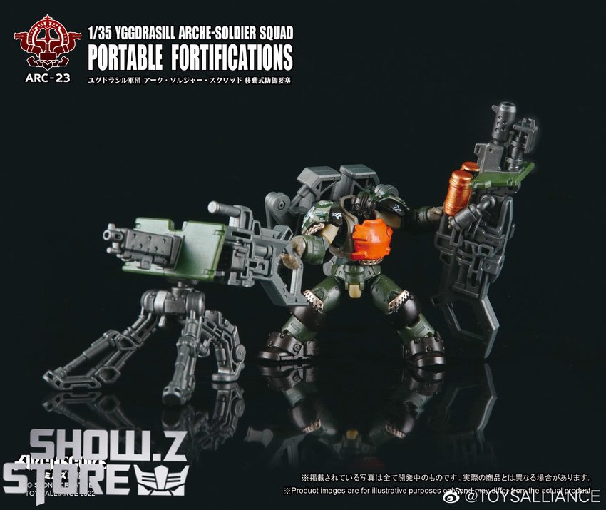 Arche-Soldier robots multiple green gray fortification modules display Arche-Soldier robots multiple green gray fortification modules display