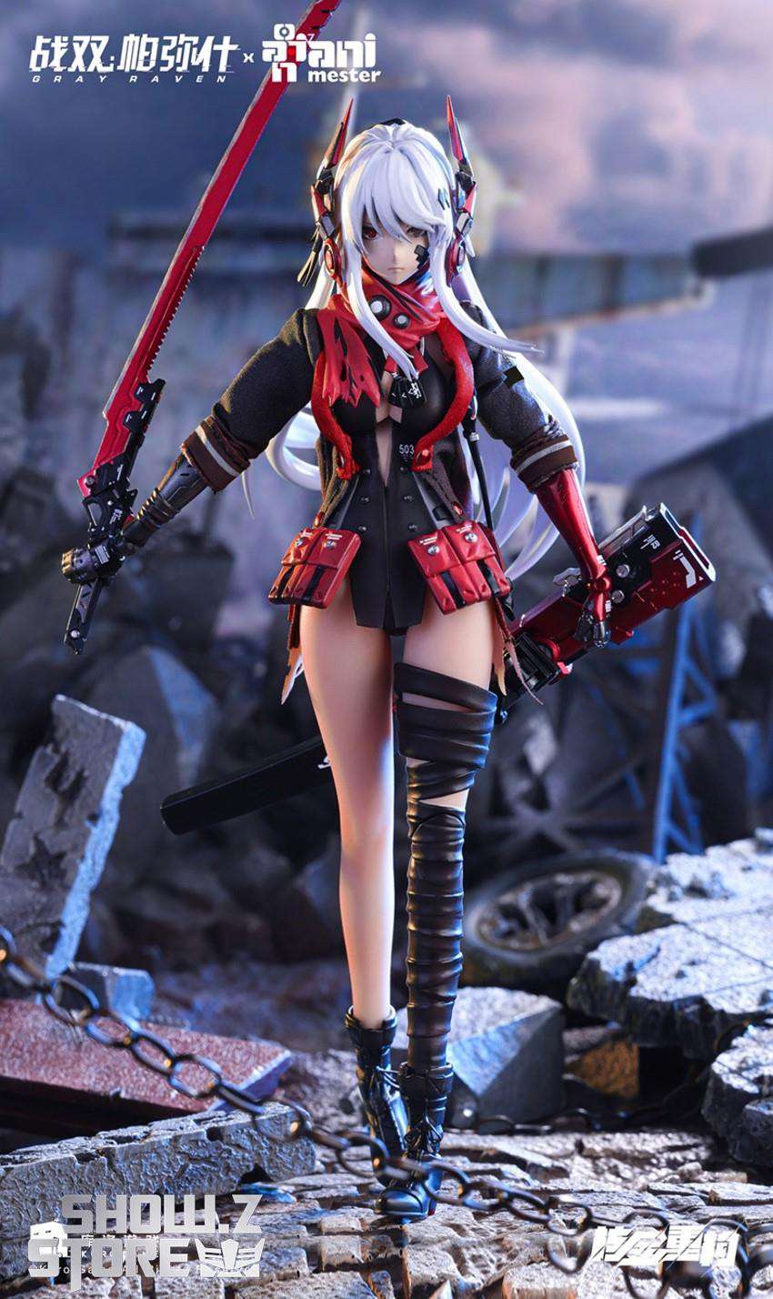 Lucia Crimson white hair red outfit side view display Lucia Crimson white hair red outfit side view display
