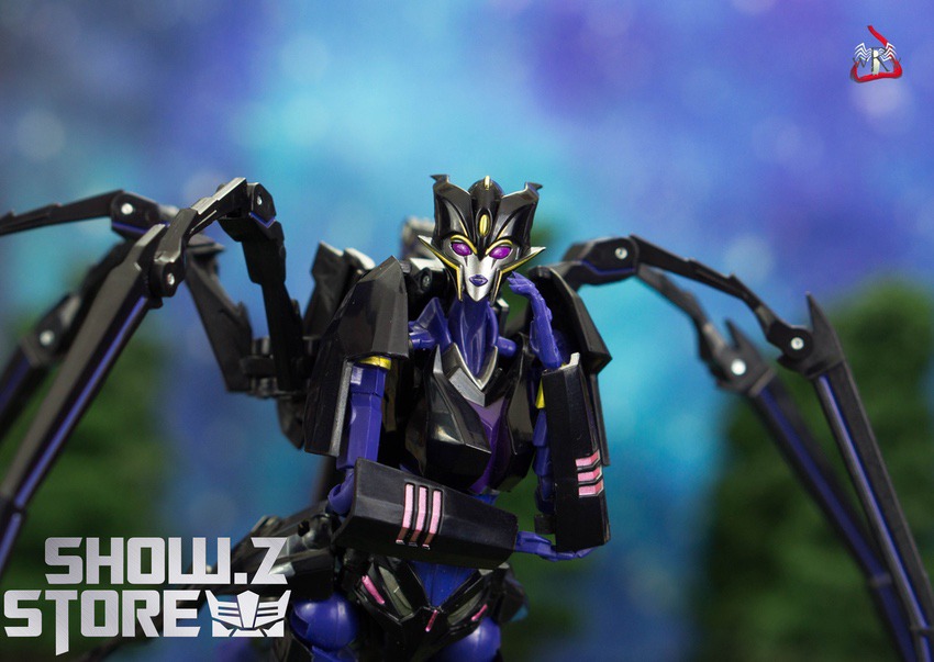 APC Airachnid black robot raised arms purple accents front APC Airachnid black robot raised arms purple accents front