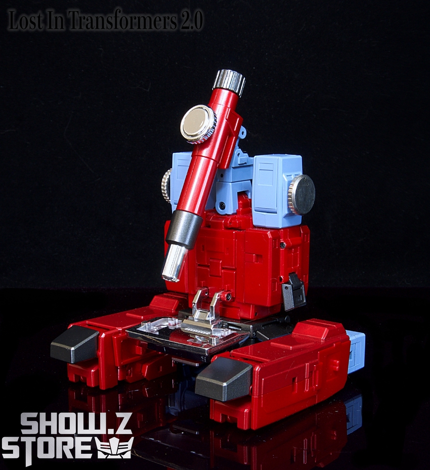 Perceptor military robot with red weapon and blue components Perceptor military robot with red weapon and blue components