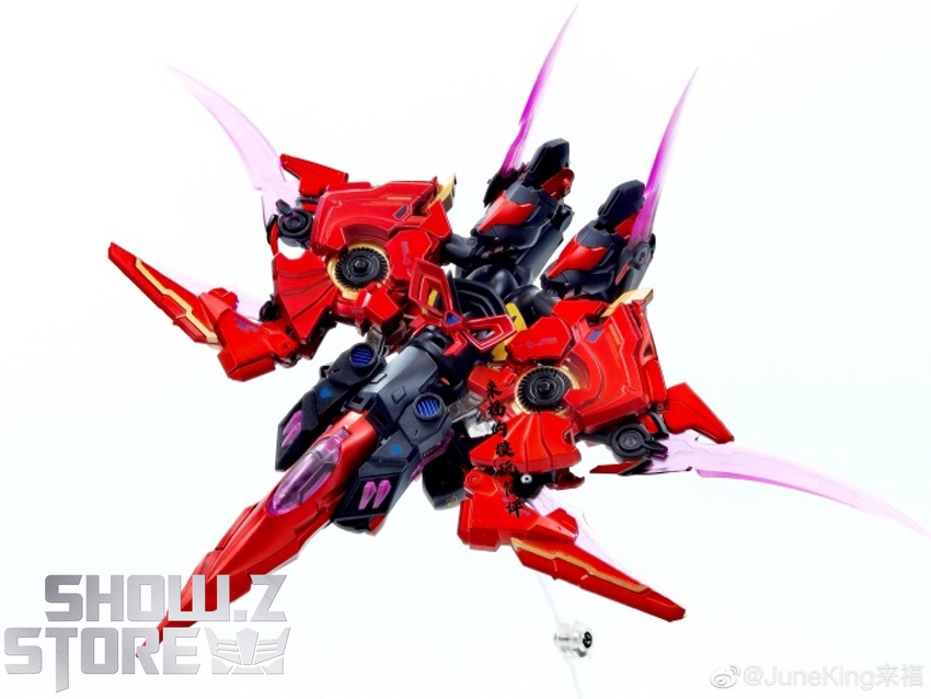 Robot figure with extended red armor and glowing purple effects Robot figure with extended red armor and glowing purple effects