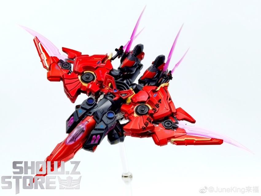Robot warrior with multiple red panels and purple glow effects Robot warrior with multiple red panels and purple glow effects