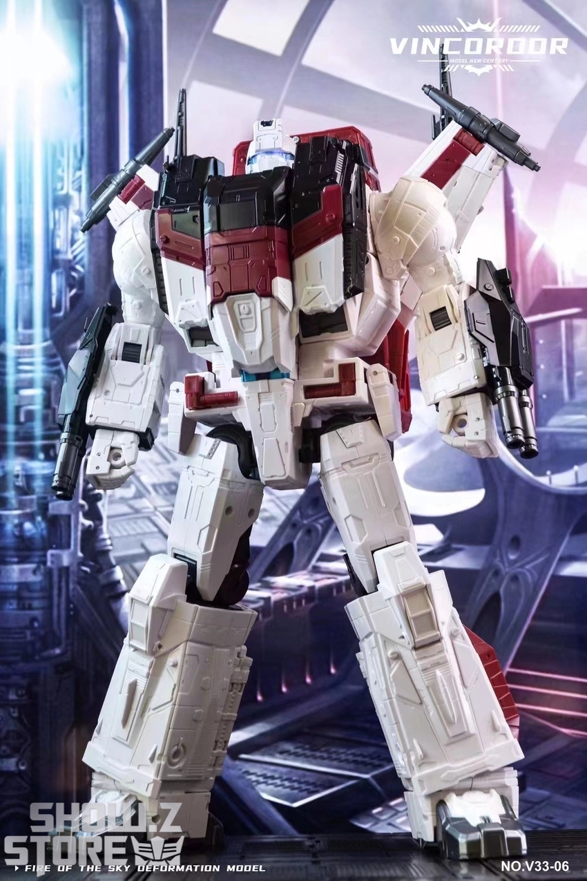 Vincoroor Fire of Sky white red robot front weapons display Vincoroor Fire of Sky white red robot front weapons display