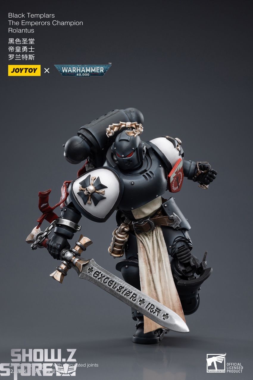Black Templars Champion Rolantus angled three-quarter view display Black Templars Champion Rolantus angled three-quarter view display