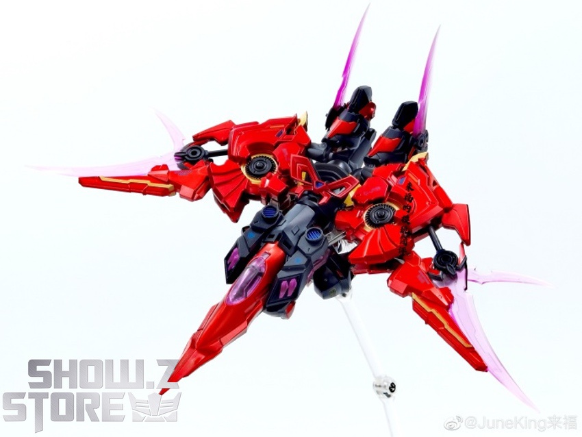 Red and black robot with purple energy wings in dynamic pose Red and black robot with purple energy wings in dynamic pose