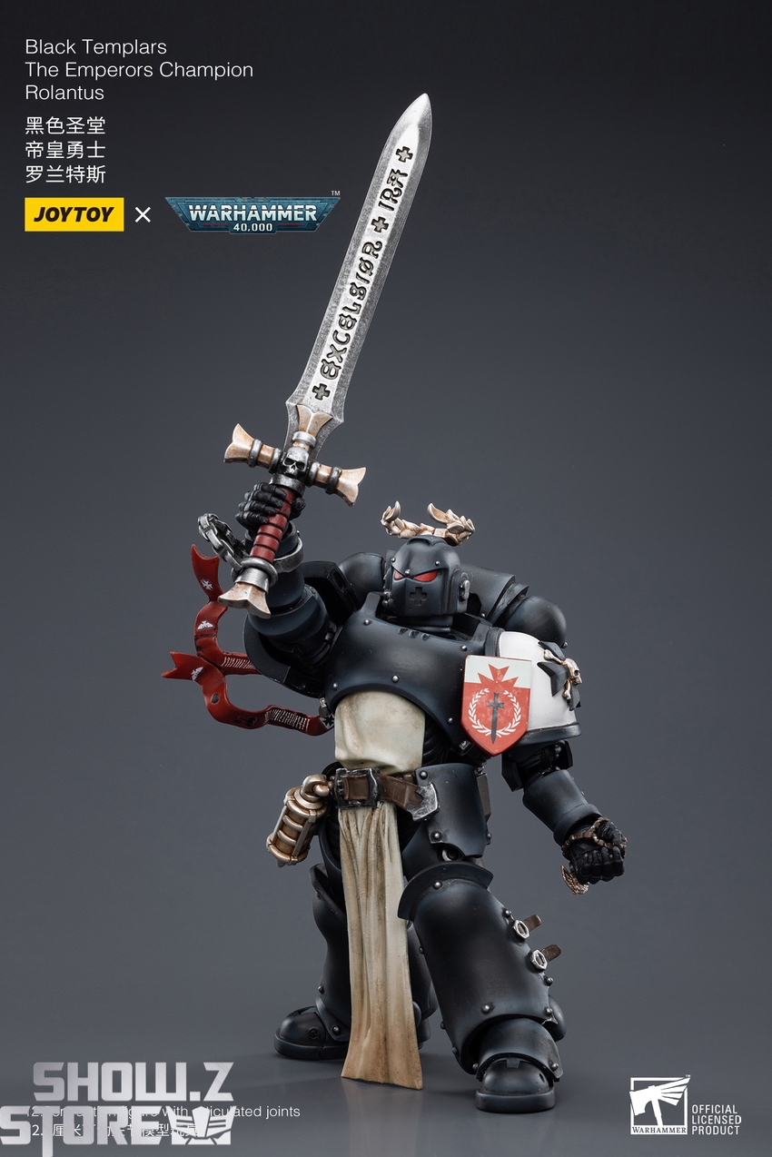 Black Templars Champion Rolantus sword raised pose display Black Templars Champion Rolantus sword raised pose display