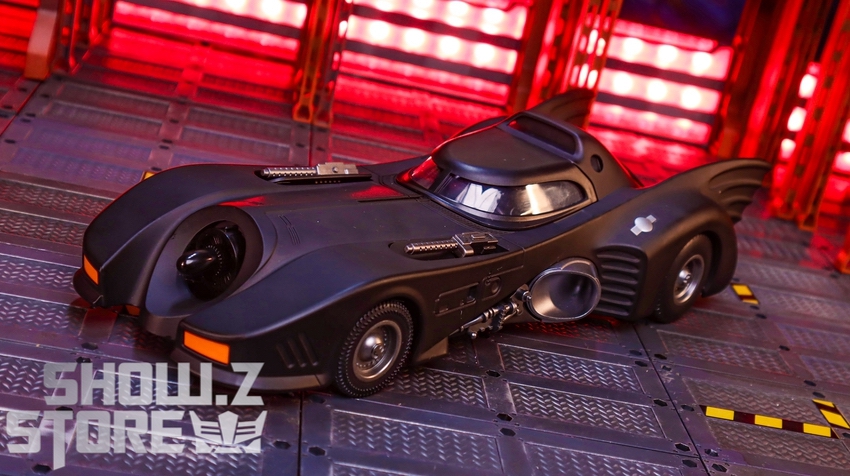 Batmobile three-quarter angle showcasing sleek design display Batmobile three-quarter angle showcasing sleek design display