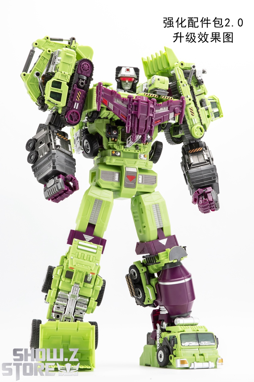 Jinbao Devastator Green combiner pieces displayed separated overview Jinbao Devastator Green combiner pieces displayed separated overview