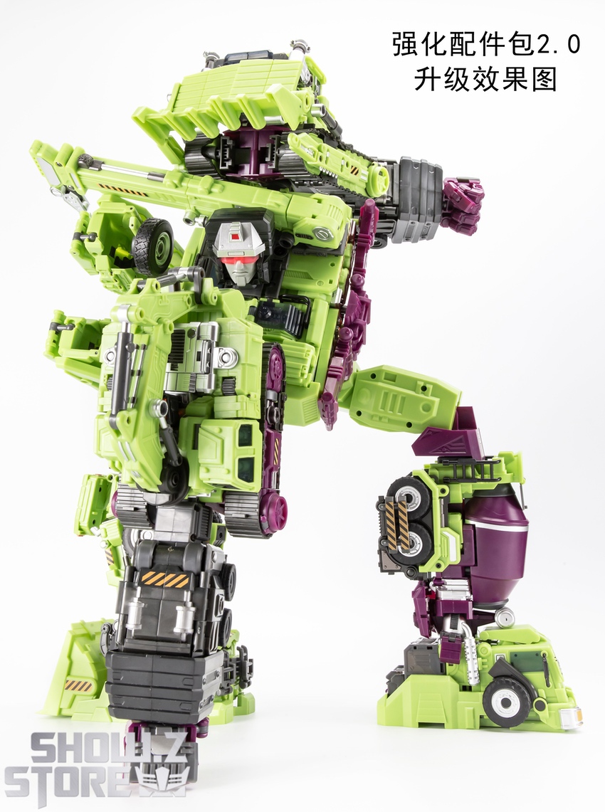 Jinbao Devastator Yellow combiner pieces displayed separated overview Jinbao Devastator Yellow combiner pieces displayed separated overview