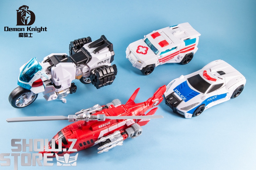 Demon Knight Defensor Combiner oversized set five vehicles displayed Demon Knight Defensor Combiner oversized set five vehicles displayed