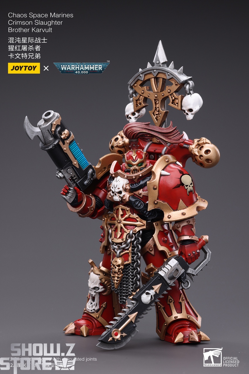 JoyToy Crimson Slaughter Karvult holding axe weapon left angle JoyToy Crimson Slaughter Karvult holding axe weapon left angle