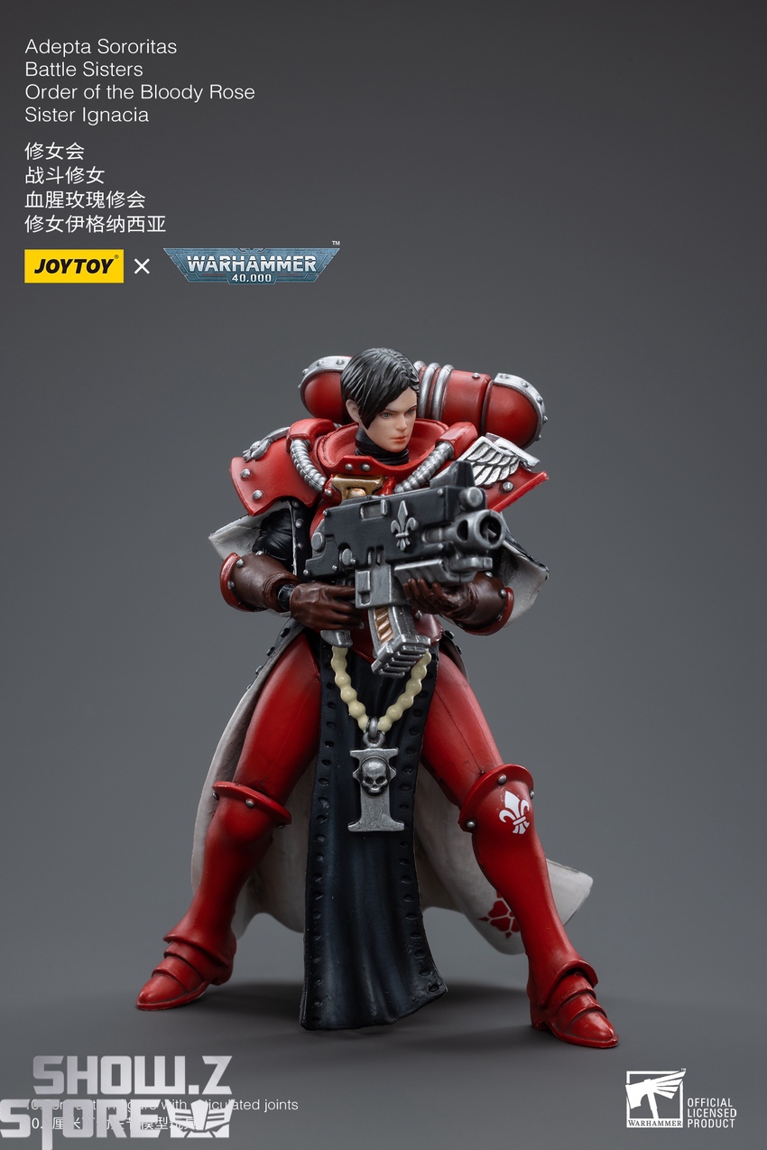 JoyToy Warhammer Adepta Sororitas Sister Ignacia front stance with heavy assault cannon raised JoyToy Warhammer Adepta Sororitas Sister Ignacia front stance with heavy assault cannon raised