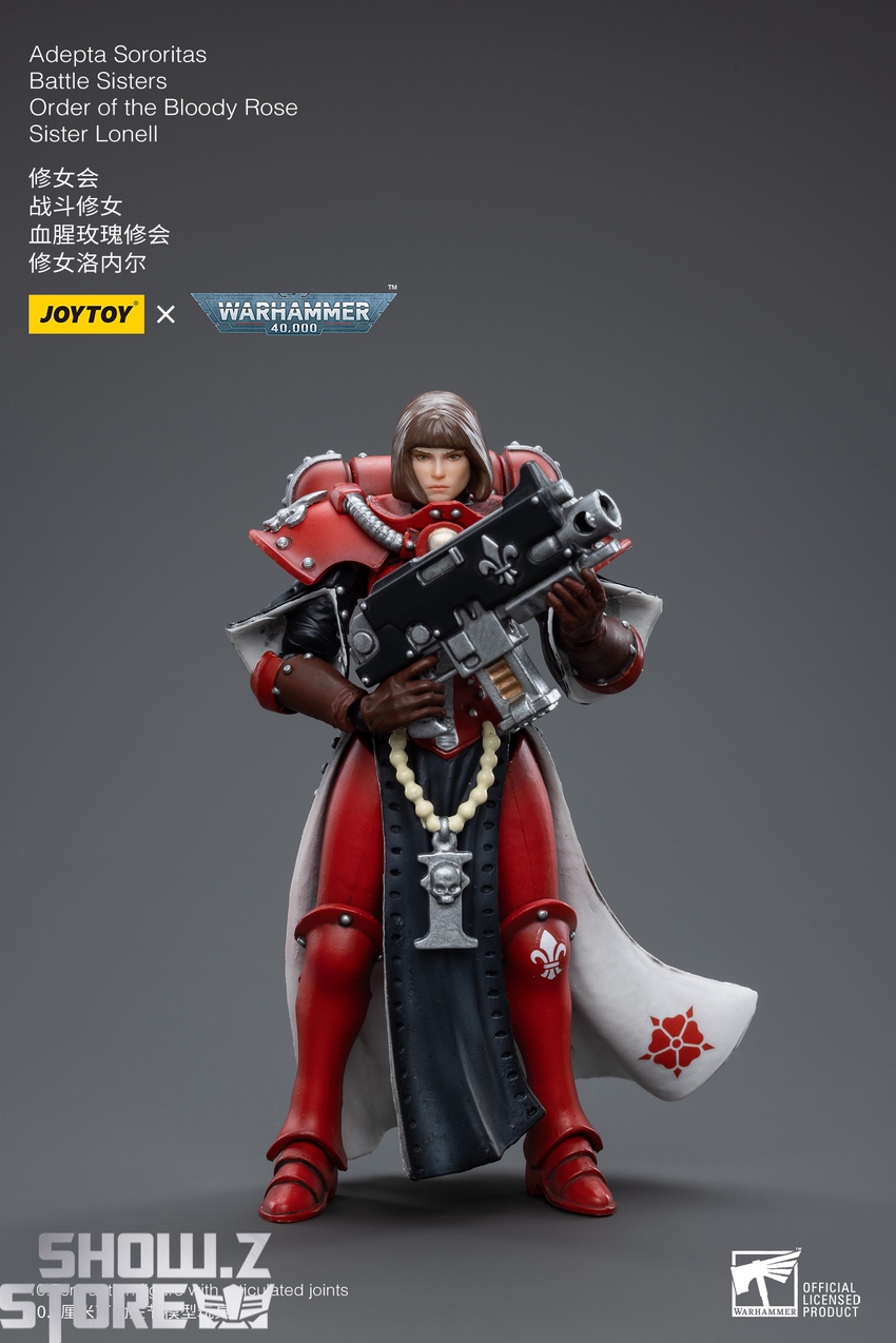 JoyToy Warhammer 40K Adepta Sororitas Battle Sister Lonell red armor with heavy weapons displayed JoyToy Warhammer 40K Adepta Sororitas Battle Sister Lonell red armor with heavy weapons displayed