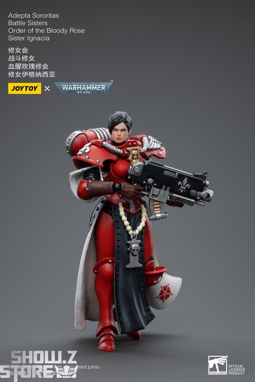 JoyToy Warhammer 40K Battle Sister Ignacia red power armor with shoulder-mounted heavy weapon system JoyToy Warhammer 40K Battle Sister Ignacia red power armor with shoulder-mounted heavy weapon system