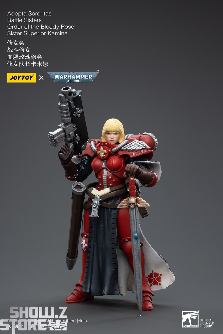 JoyToy Warhammer 40K Adepta Sororitas Sister Superior Kamina blonde hair red armor with weapons JoyToy Warhammer 40K Adepta Sororitas Sister Superior Kamina blonde hair red armor with weapons