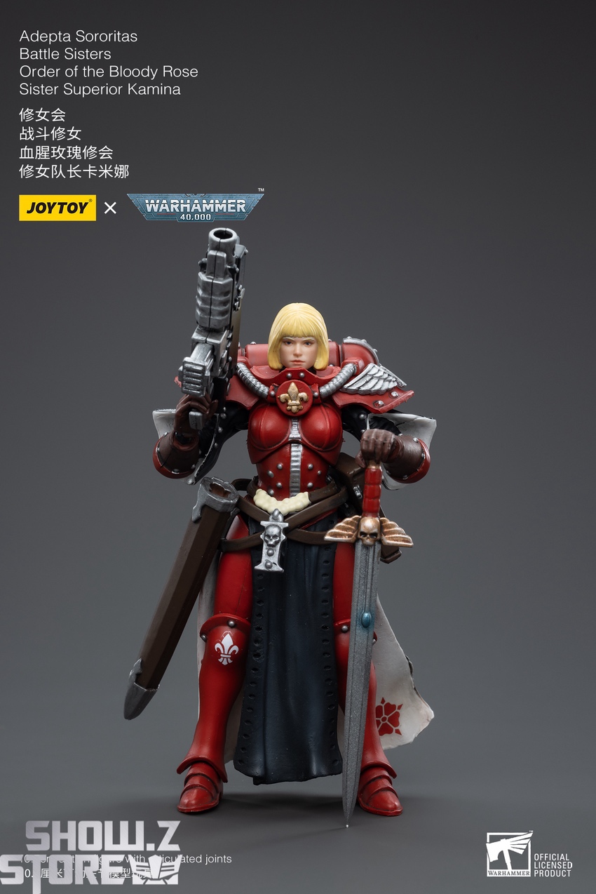 JoyToy Warhammer Adepta Sororitas Kamina holding heavy plasma rifle and large sword weapon JoyToy Warhammer Adepta Sororitas Kamina holding heavy plasma rifle and large sword weapon
