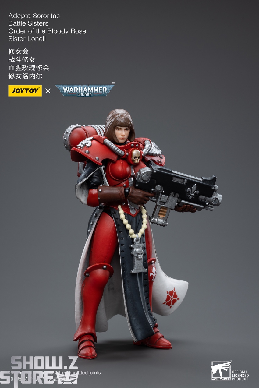 JoyToy Warhammer 40K Battle Sister Lonell red power suit holding heavy assault weapon JoyToy Warhammer 40K Battle Sister Lonell red power suit holding heavy assault weapon