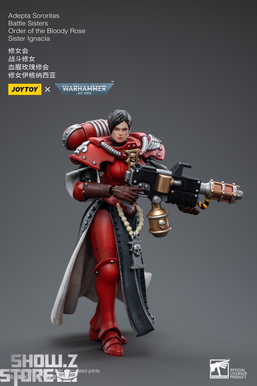 JoyToy Warhammer 40K Sister Ignacia holding heavy plasma weapon in combat stance JoyToy Warhammer 40K Sister Ignacia holding heavy plasma weapon in combat stance