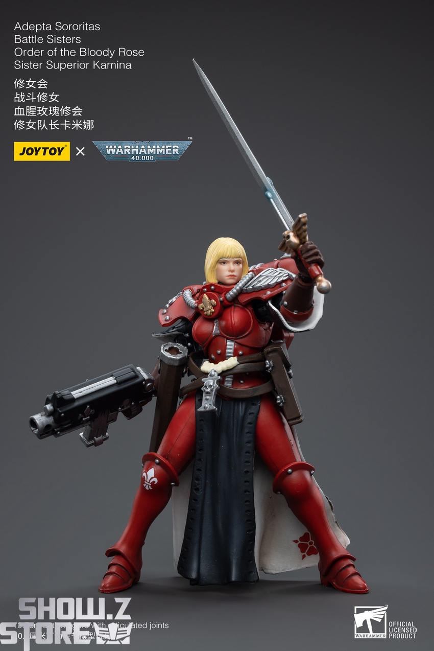 JoyToy Warhammer Adepta Sororitas Kamina combat stance wielding oversized sword and assault weapon JoyToy Warhammer Adepta Sororitas Kamina combat stance wielding oversized sword and assault weapon