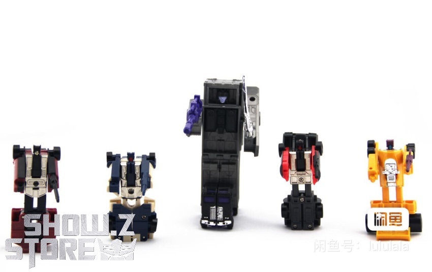 Assembled Menasor combiner robot with five different colored vehicle forms shown together Assembled Menasor combiner robot with five different colored vehicle forms shown together