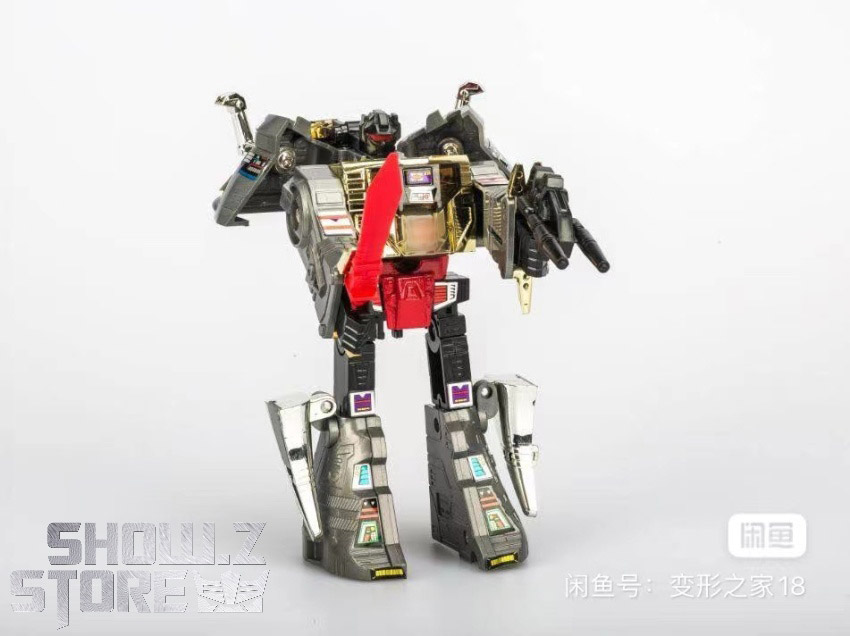 Grimlock complete transformation displaying robot form with extended limbs and armor plating Grimlock complete transformation displaying robot form with extended limbs and armor plating