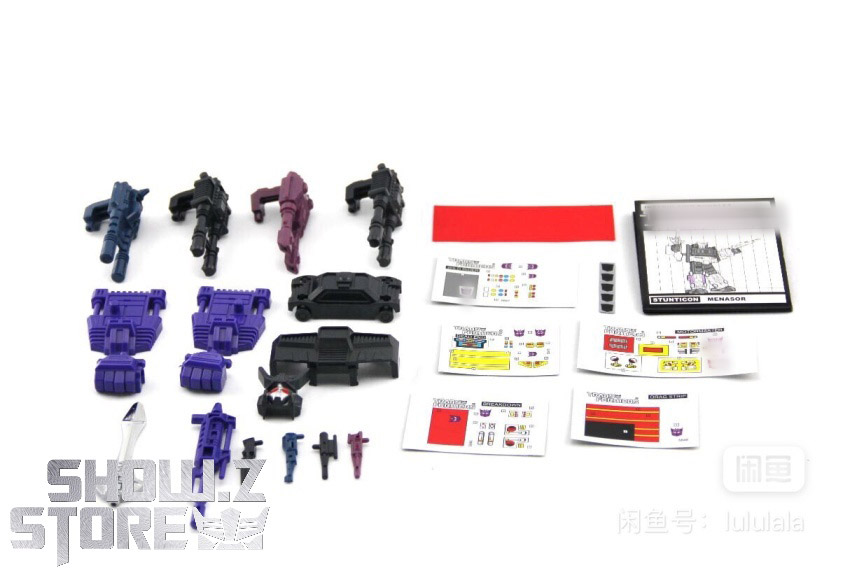 Purple blue maroon and black Decepticon robots with purple base frames displayed Purple blue maroon and black Decepticon robots with purple base frames displayed