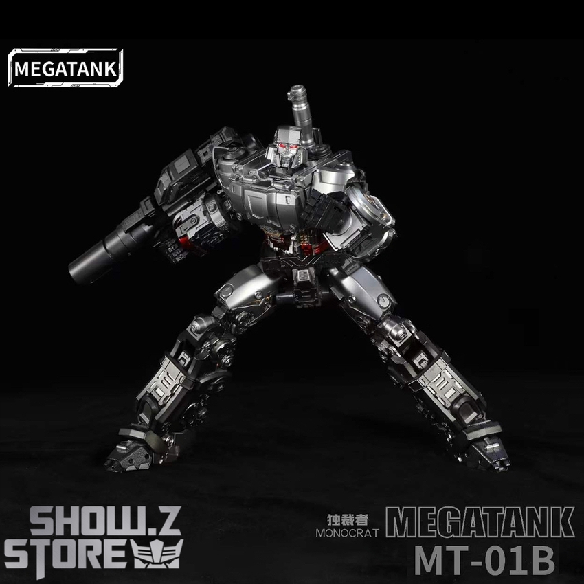 Silver and metallic Megatank MT01B Monocrat robot with large cannon weapon displayed Silver and metallic Megatank MT01B Monocrat robot with large cannon weapon displayed