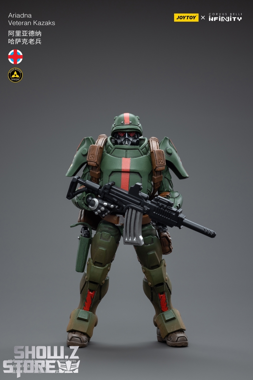 Green and red Ariadna Veteran Kazak soldier with battle rifle raised Green and red Ariadna Veteran Kazak soldier with battle rifle raised