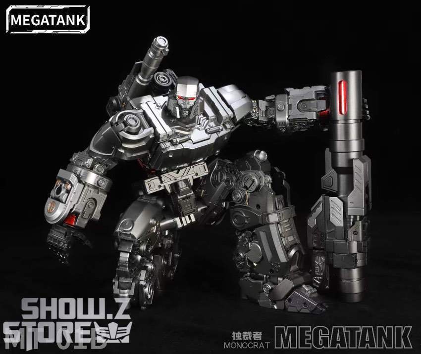 Powerful gray and silver robot in aggressive pose with articulated arm cannon extended Powerful gray and silver robot in aggressive pose with articulated arm cannon extended