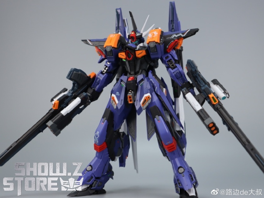 Purple and orange Gundam mecha with articulated limbs and multiple weapons in dynamic pose Purple and orange Gundam mecha with articulated limbs and multiple weapons in dynamic pose