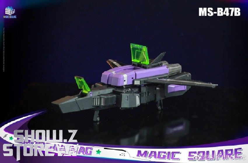 Purple jet aircraft mode with gray fuselage and glowing green energy panels visible Purple jet aircraft mode with gray fuselage and glowing green energy panels visible