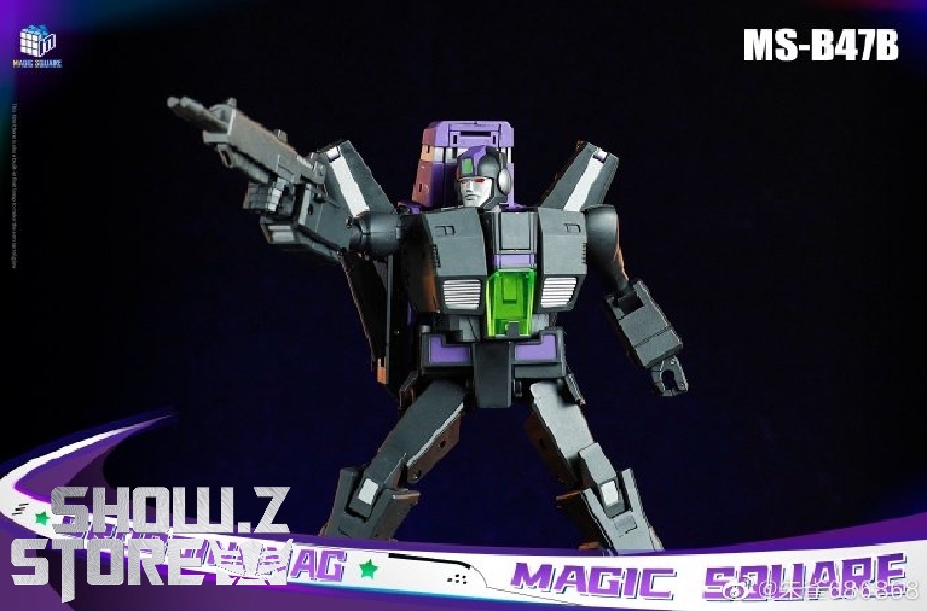 Black and purple warrior robot with green accent panels and dual weapons displayed Black and purple warrior robot with green accent panels and dual weapons displayed